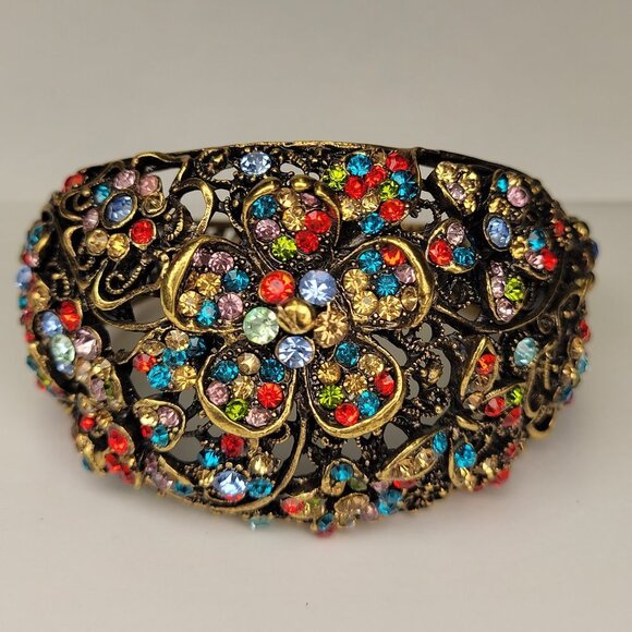 Floral Cuff Bracelet Gold Tone Multicolored Stone Cuff Bracelet - Picture 1 of 16